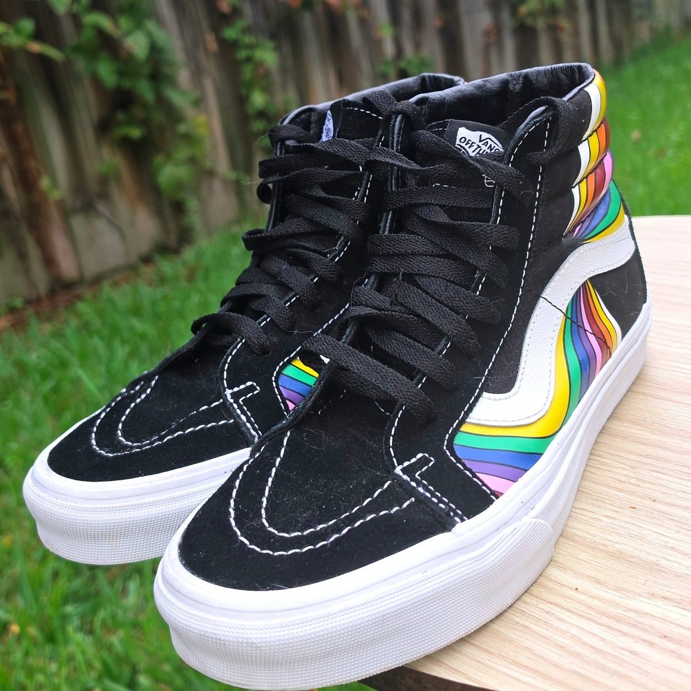 Vans Sk8-Hi Rainbow Wave Black Suede Canvas High Top Sneakers Skate Shoes